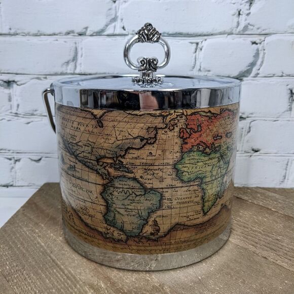 Vintage Ice bucket with World Map Wine chiller with lid - Picture 3 of 7